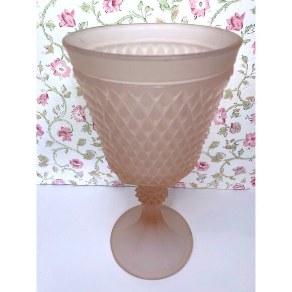 Vintage Pink Satin Diamond Point Chalice Vase, Frosted Depression Glass - Picture 2 of 11